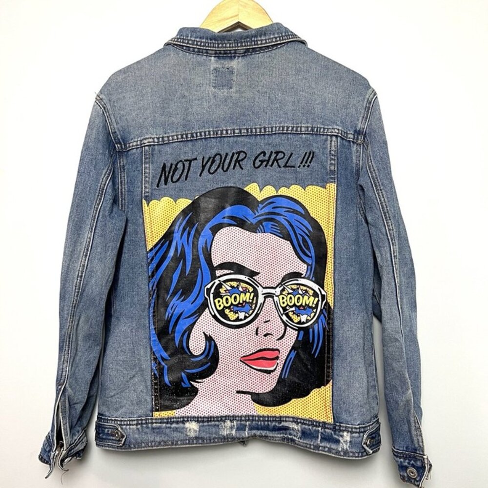 Boom Boom Jean‎ Jacket Sz M Not Your Girl Graphic Denim Distressed Pop Art Comic